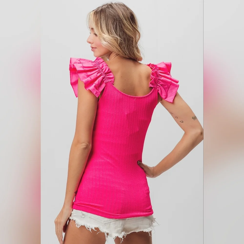 BiBi Ruffled Shoulder Strap Rib Texture Top - Picture 3 of 5